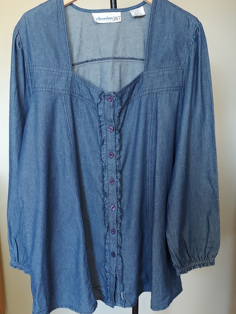 denim 24/7 Blue Button-Front Women's Top Sz 22W Stonewash Denim 100% Cotton